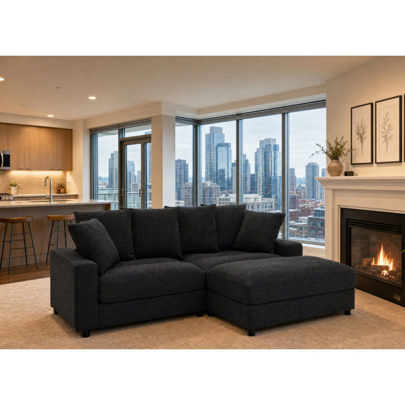 Arzelia Reversible Corner Sectional with Ottoman, Dark Gray ,  34" H x 89" L x 39.5" D