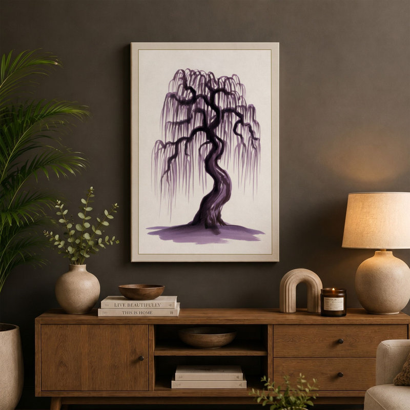 Weeping Willow Japandi - Wrapped Canvas, 36x24 - 91.4 x 61.0 cm, Taupe Border