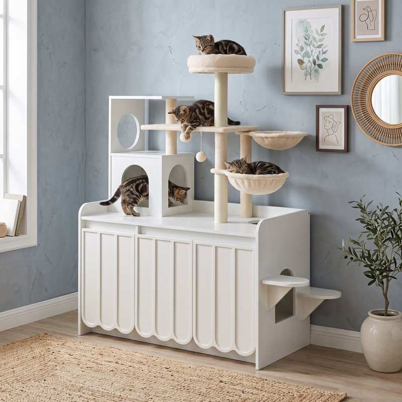 Arbre à chat avec armoire, poteaux à griffer en sisal, hamacs doubles, condo fermé, jouets suspendus et perchoir supérieur