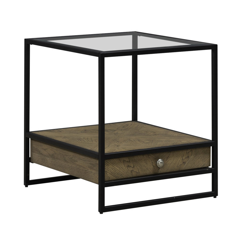 Table de bout Jaylan avec plateau en verre trempé et 1 tiroir