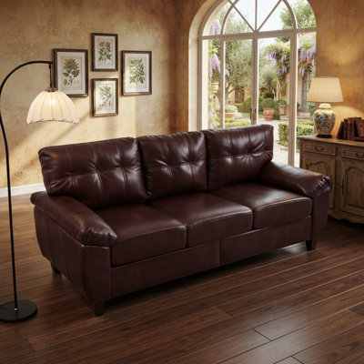 Modern PU Leather Sofa with Under-Seat Storage, Comfy Tufted Back Living Room Couch with Solid Wood Legs