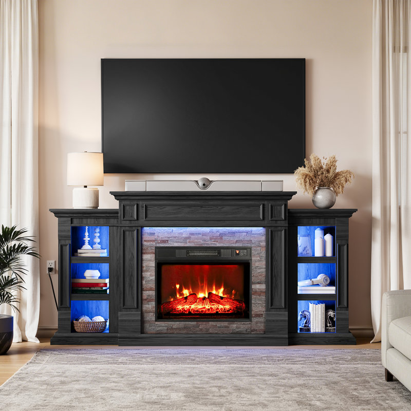 72'' Tv Stand Led For Tvs Up To 80'' With Electric Fireplace And Adjustable Shelves,black, Black