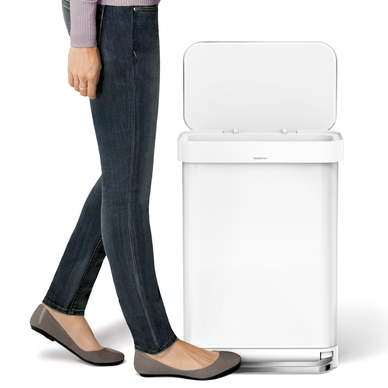 simplehuman 14.5gal Rectangular Step-On Can, White