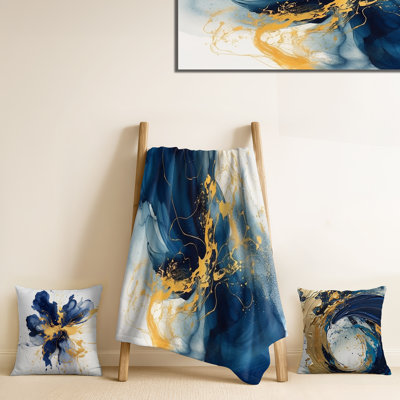 Dark Blue And Gold Strokes IV - Fractals Living Room Throw Blanket