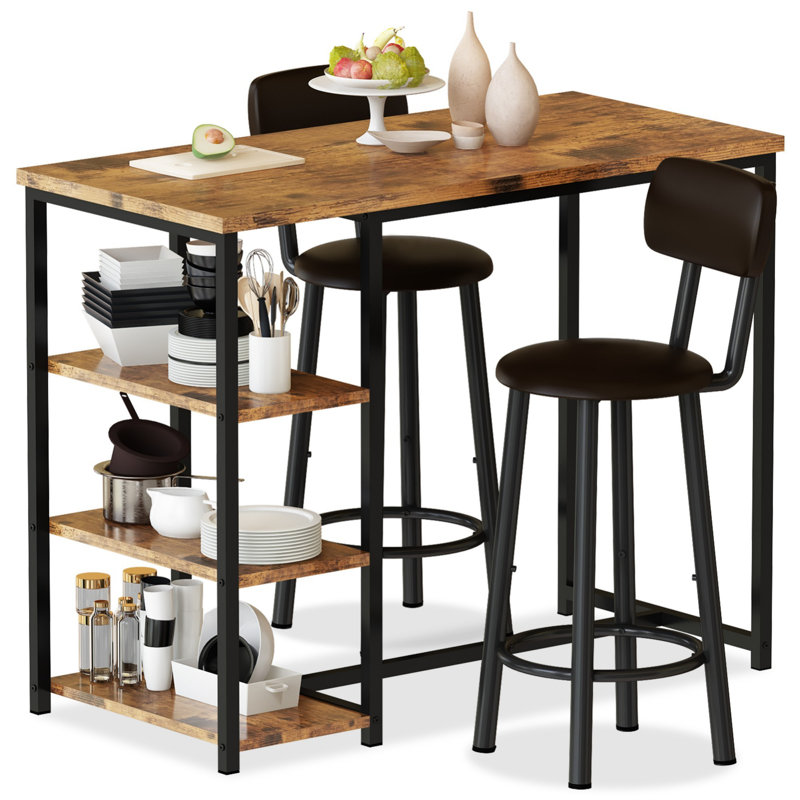 Ensemble de table de bar pour 2, ensemble de table de bar 3 pièces, ensemble de table de bar et chaises avec tabouret en polyuréthane et 3 tablettes de rangement ouvertes, ensemble de table de pub pour la cuisine, brun