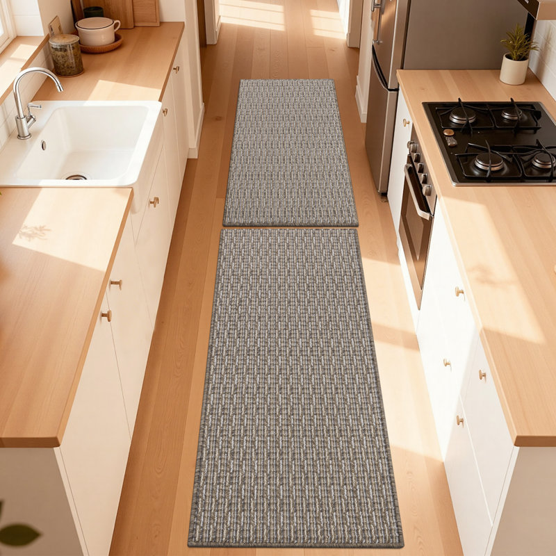 Machine Washable Non-Slip Kitchen Mat, Beige, Rectangle 5' x 1'8"