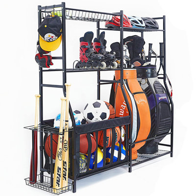 Garage Sports Equipment Organizer, Golf Bag Stand For Garage Ball Storage Rack Indoor/Outdoor Kids Toys Storage Organizer Bins, Ball Holder With Baskets