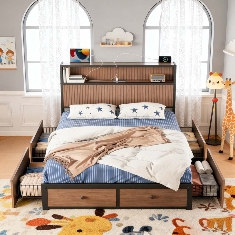 Large raised-pattern storage bed frame