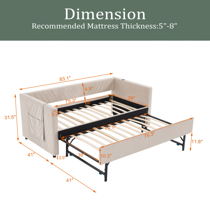 Twin Size Upholstered Daybed With Trundle,USB Port ,Side Pockets, Modern V-Grained Backrest Design,No Box Spring Needed, For Bedroom, Guest Room
