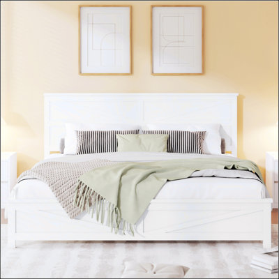 Farmhouse Style King Size Bed with Barn Door Headboard and Footboard, Sturdy Pinewood Frame in White