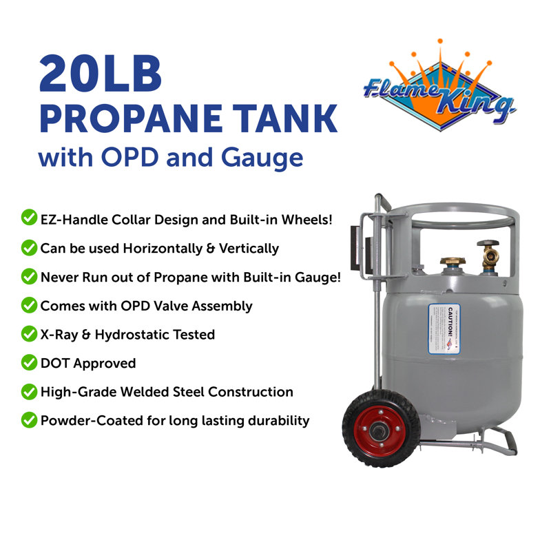 Réservoir de propane horizontal vertical Flame King de 20 lb avec OPD de qualité supérieure, jauge intégrée, roues de chariot