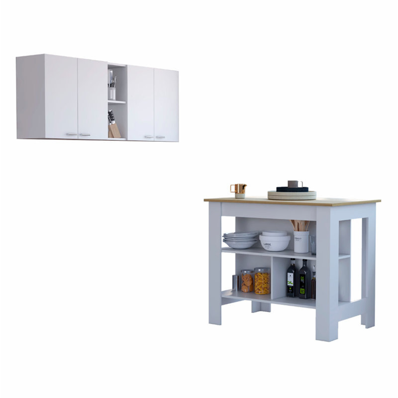 Versatile 7-Shelf 4-Door Kitchen Set with Island and Wall Cabinet for All, White/Natural