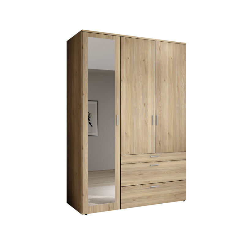 3 Hinged Door Wardrobe with Mirror 135 cm, Oak Mauvella