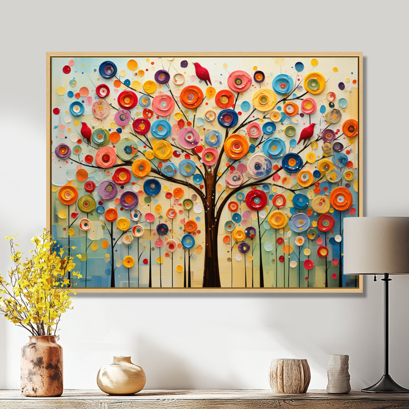 Arbre abstrait coloré 3 - Art mural africain, Cadre flottant brun, H 24 po x l 32 po x P 1 po