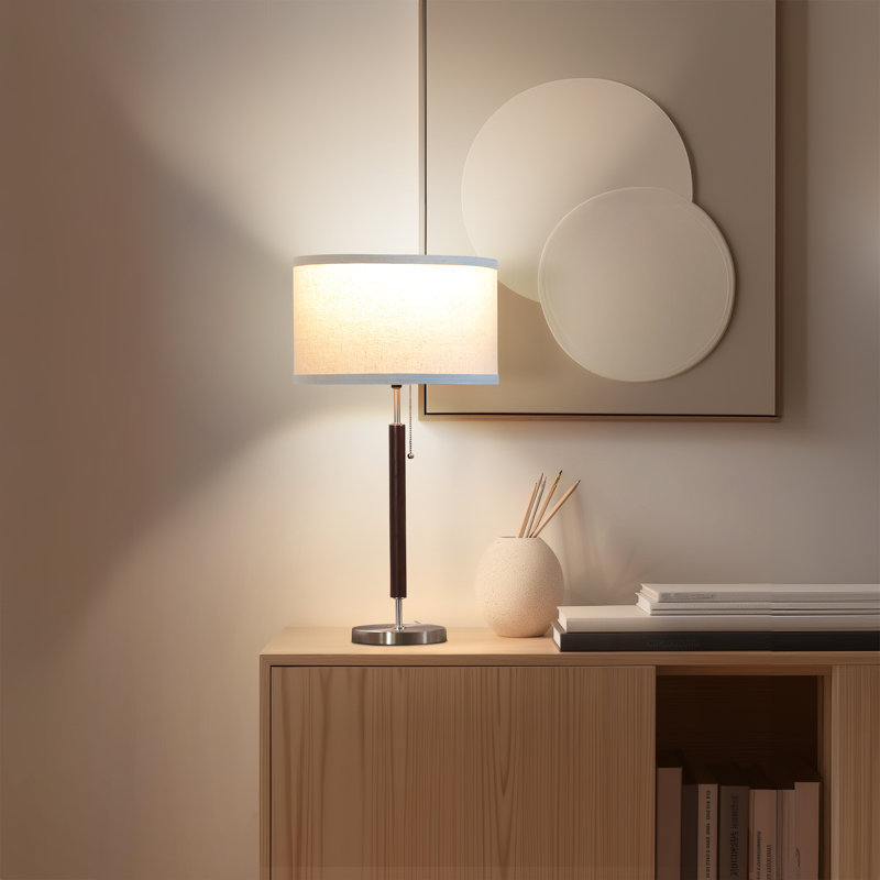 Carter 26 in. Mid-Century Modern Linen and Woodgrain LED Table Lamp
