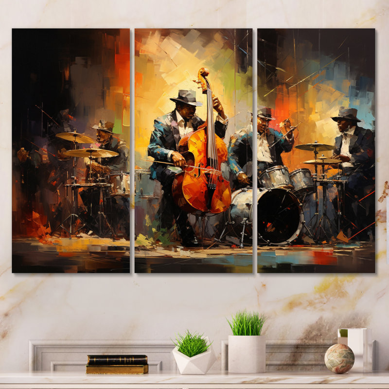 Bande de jazz jaune et orange sur toile, 3 pièces, H 28 po x l 36 po x P 1 po
