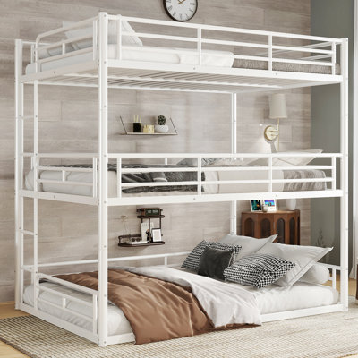 Lit superposé triple en métal double au-dessus de double au-dessus de double, structure de lit superposé robuste avec garde-corps de sécurité et conception à bruit réduit, blanc