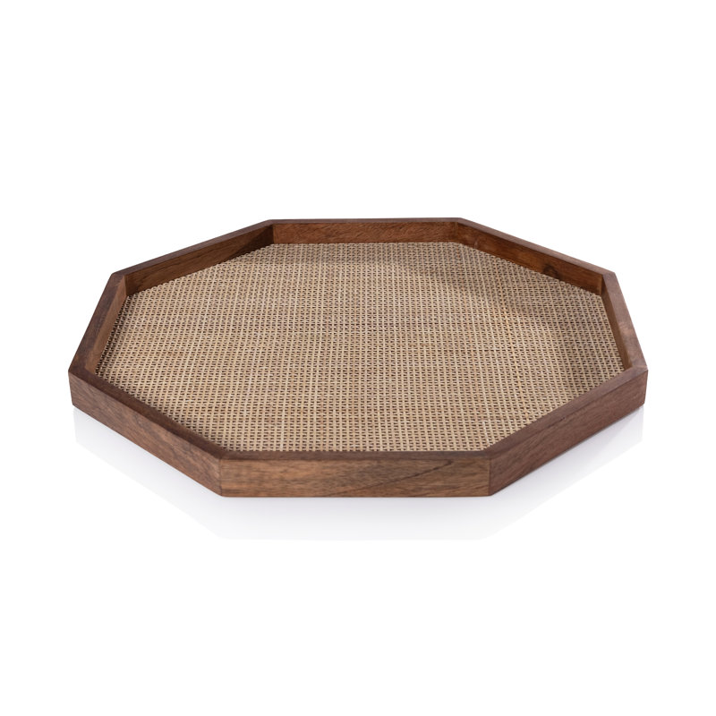 Conferina Mango Wood w/ Rattan Inlay Octagonal Tray, 1.25" H x 18" W x 18" D