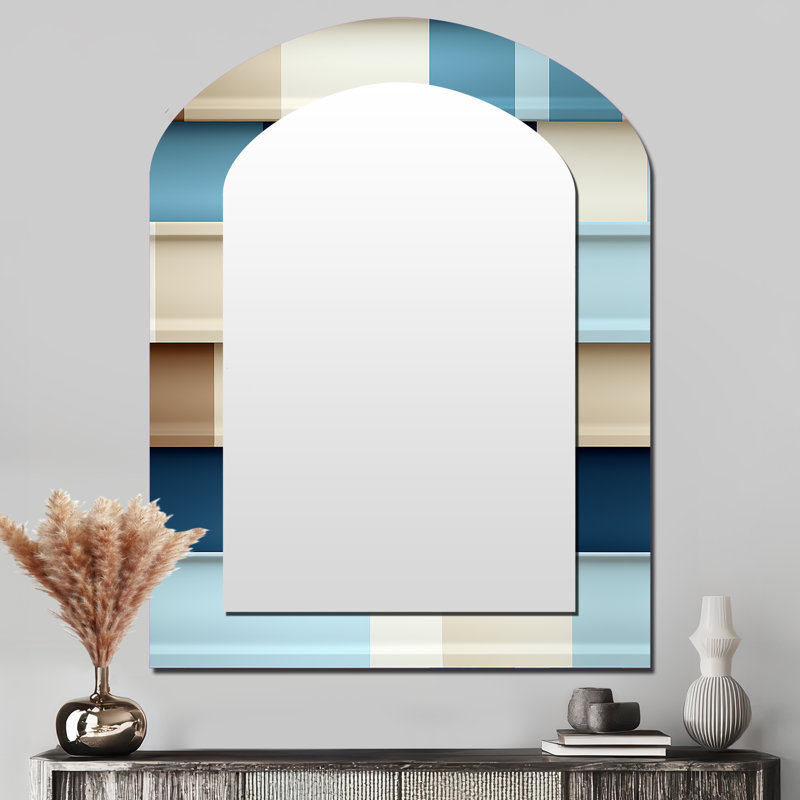 Motif rayé blanc et bleu côtier - miroir décoratif arqué rayé, miroir asymétrique moderne, impression d'art en métal