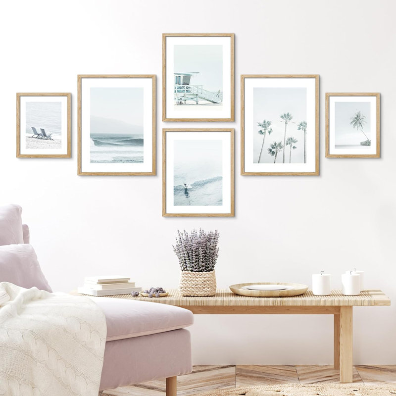 " Collage Ocean Beach Landscapes " 6 - Pieces, Natural Framed