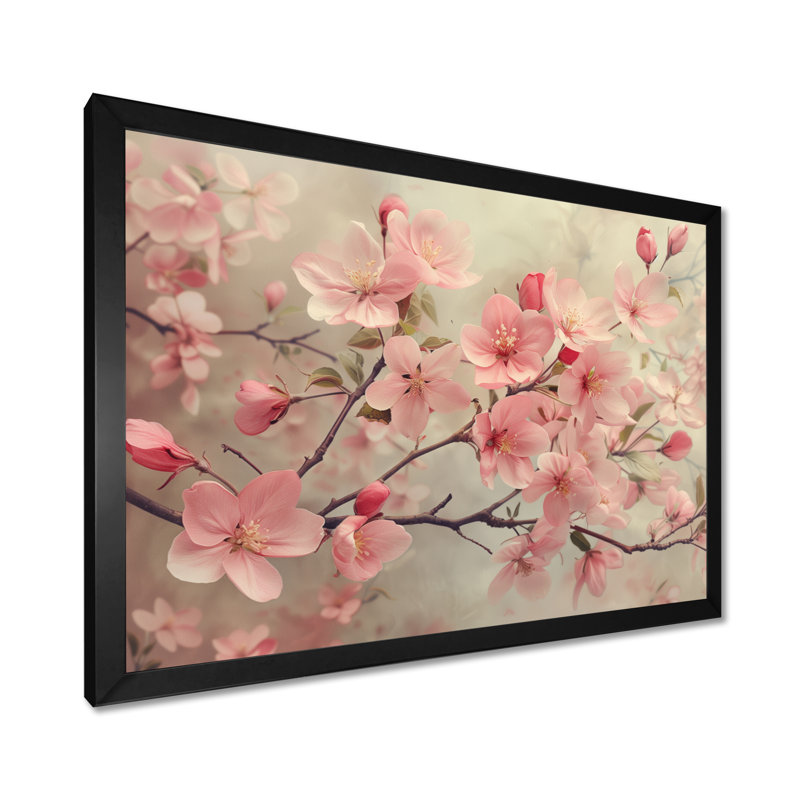 Rose et rose, pomme, fleurs du printemps II, H 12 po x l 20 po, Cadre simple noir, bois massif