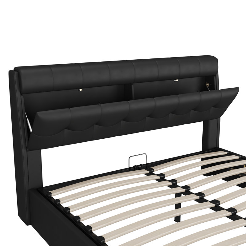 Bakki PU Upholstered Hydraulic Bed With Concealed Headboard Storage, Bed Box Storage, Kingsize (5'), Black