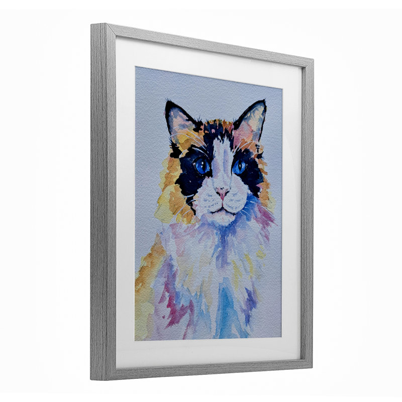 Calico Cat Portrait, reproduction encadrée sous verre, conception de Tatiana Roberts, H 16 po x l 13 po, Cadre de ferme gris