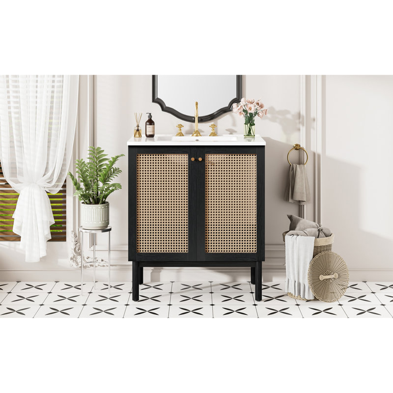 Meuble-lavabo de 30 pouces fabriqué à partir de matériaux naturels, avec des portes en rotin faites à la main et des mécanismes de fermeture en douceur
