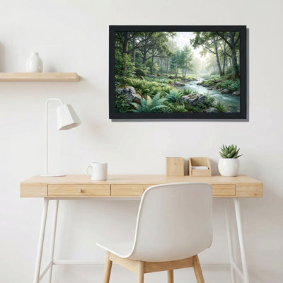Art mural sur toile, "Misty Green Forest Stream" avec fougères et roches grises