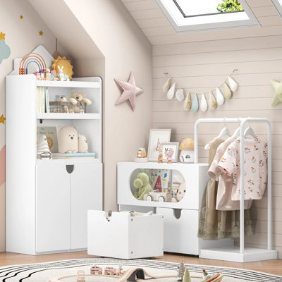 55.9'' H x 69.3'' W Kids Bookcases with Removable Drawers, with Clothes Drying Rod
