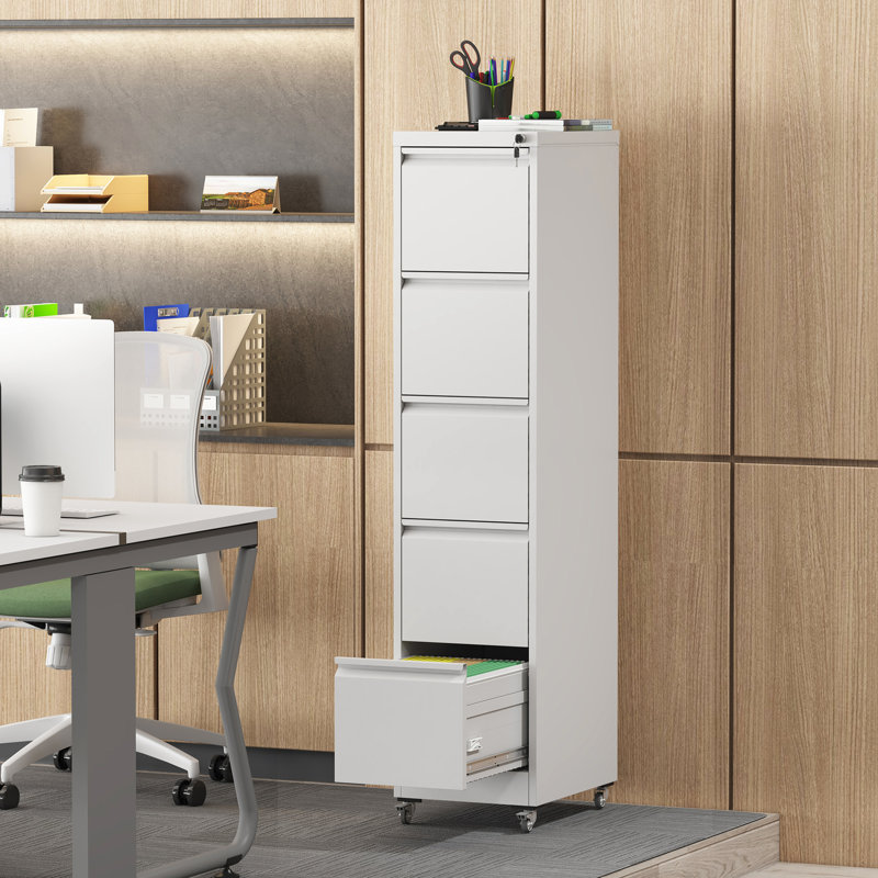 Vertical File Cabinet With 5 Drawers On Wheels, Metal Storage For A4/letter/legal Size Documents, White, 17.71"d*14.93"w*62.53"h, Lockable Smooth Coating Finish Papers, Surface