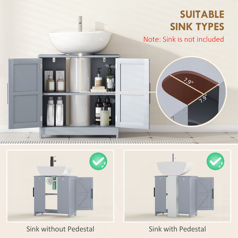 Armoire de rangement à piédestal, lavabo de salle de bain avec 2 portes de grange et tablette réglable, gris foncé (sans lavabo)