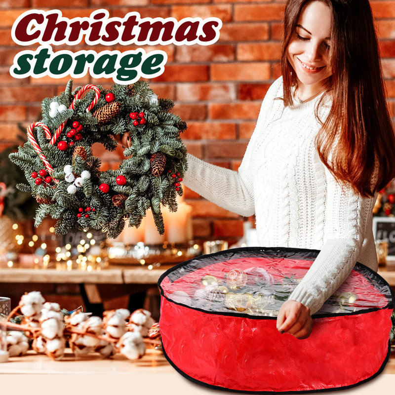 Red and Green Tear Resistant Fabric Christmas Wreath Storage Bags with Clear Window