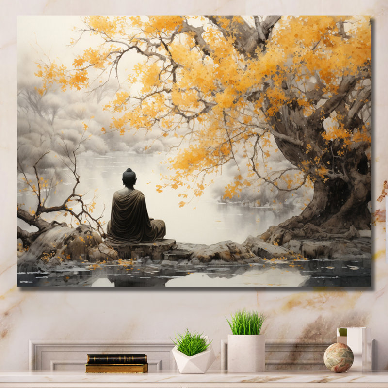 Décoration murale bouddhisme gris et jaune II - Bouddhisme, Toile tendue, H 30 po x l 40 po, Sans cadre