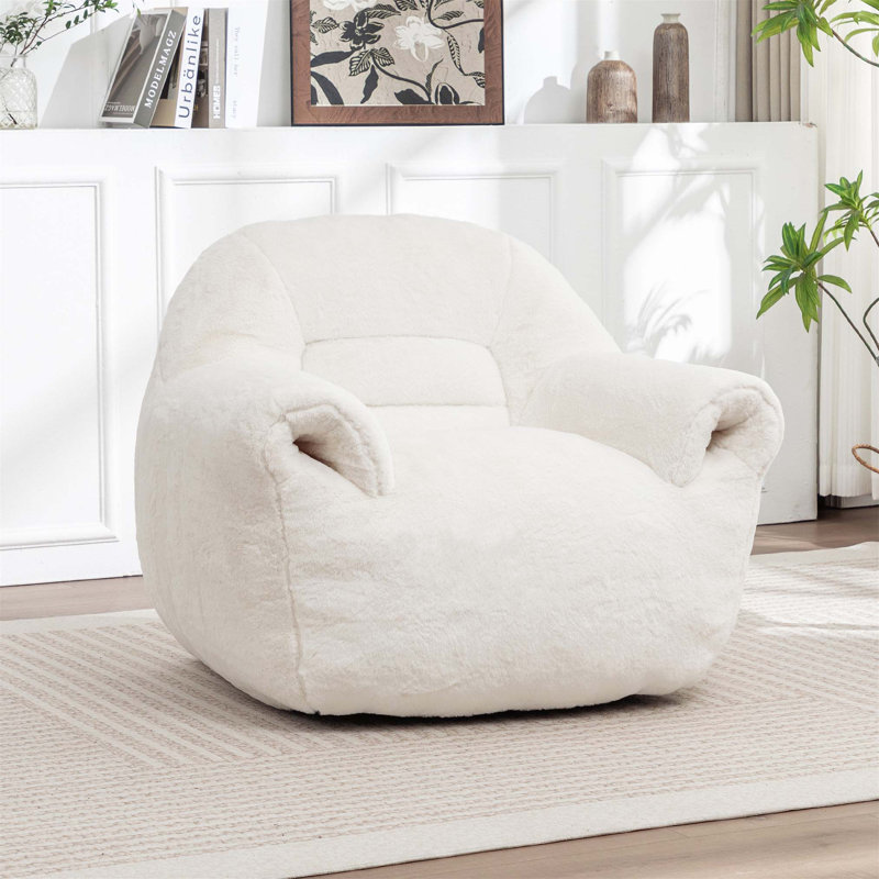 Plush Faux Fur Bean Bag Chair with Ergonomic Back Support for Adults and Kids, Pre-Filled and Ready to Use., White Faux Fur