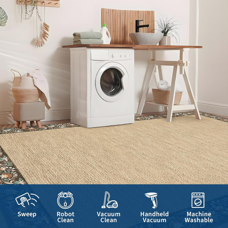 2x6 Floral Bordered Kitchen Rug – Minimalist, Non-Slip, Washable Runner for Hallways, Entryway, Bedroom (Light Blue)