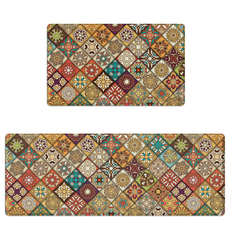 Anti-fatigue Kitchen Mats Set Of 2, Cushioned Waterproof Non-slip, Colorful Mosaic Pattern Kitchen Rugs