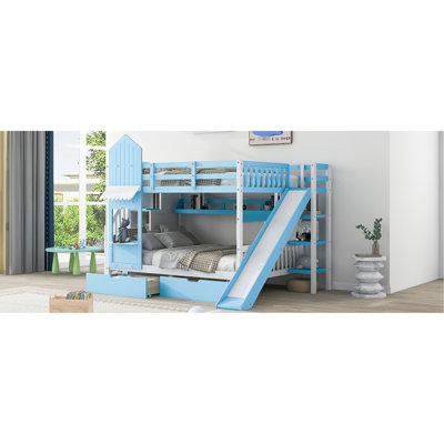 Lit superposé bleu avec 2 tiroirs et 3 tablettes - Glissière en bois massif pour les options de rangement de plus de 6 ans. Construire. Maison de jeu inspirée. Pour 6 personnes et plus. Capacité de 400 lb. Pas de sommier tapissier. Matelas non