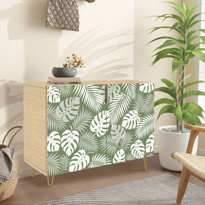 Buffet avec rangement et feuilles de palmier tropical vert sans soudure avec 2 portes pour le salon et la cuisine