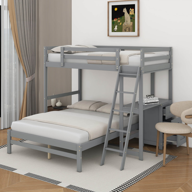 Lit simple superposé au dessus d'un lit double avec bureau et tiroirs, Gris