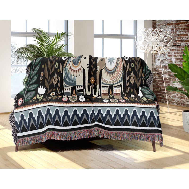 Jeté en mélange de coton Cece Elephant, L 80 po x l 60 po, Noir / bleu / beige