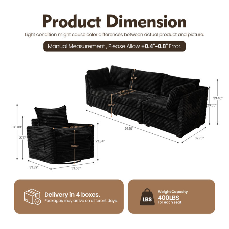 Ensemble de canapé modulaire en velours côtelé 4 pièces avec fauteuil pivotant, mobilier de salon moderne, Black