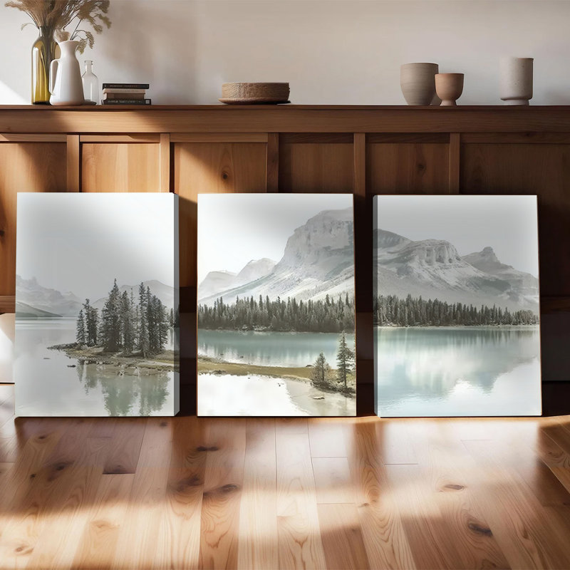 3 pièces d'art mural encadrées, ensemble d'art mural sur toile Tranquil Mountain Lake, peinture de paysage avec pin