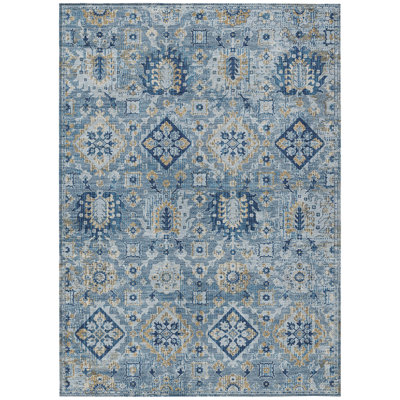 8' X 10' Denim Blue And Gold Floral Medallion Washable Indoor Outdoor Area Rug
