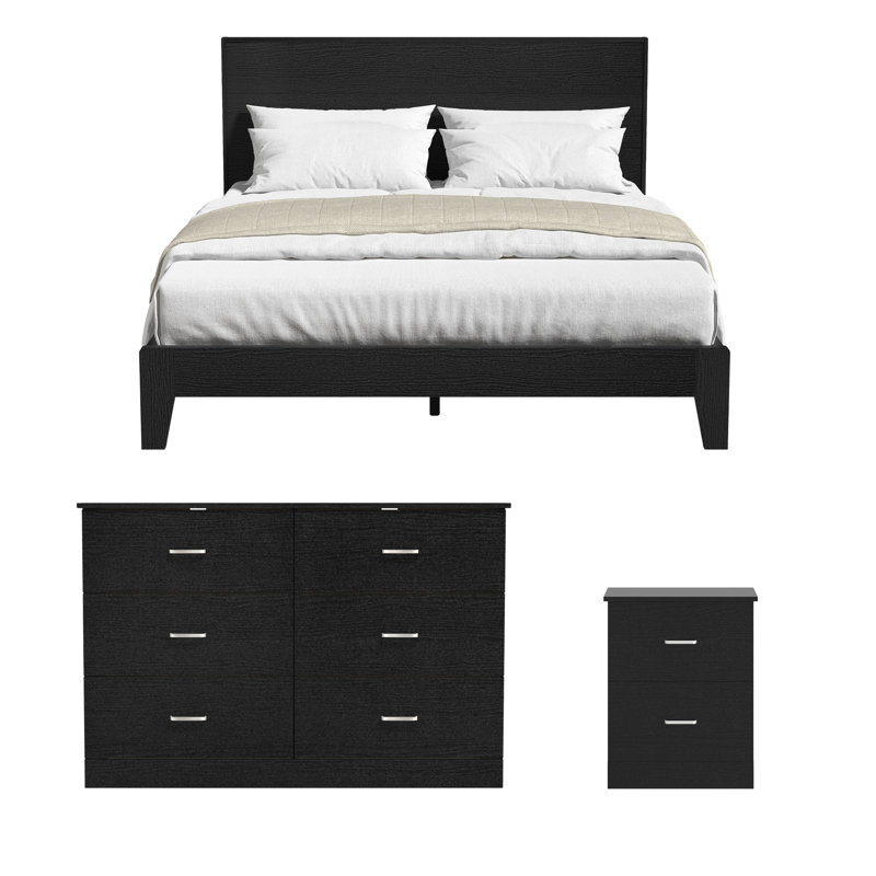 Allyannah 3 Piece Modern Coordinated Bedroom Set, Queen, Black Oak