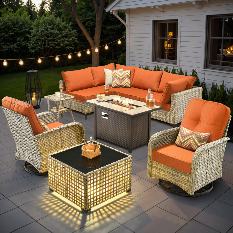 Emroy 6 - Person Outdoor Wicker Sectional Seating Group with Lighted Coffee Table and Swivel Chairs, All Weather Modular Rattan Conversation Set with Cushions