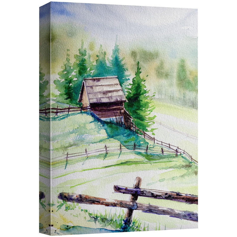 Paysage de forêt boisée «Spring Log Cabin Farm Pastel Forest» sur toile, H 24 po x l 16 po, Toile tendue