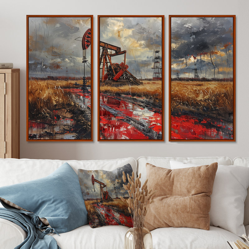 «Red Winter Oil Fields Industrial Icon I», ensemble d'art mural, Toile avec cadre flottant brun, H 40 po x l 60 po x P 1 po