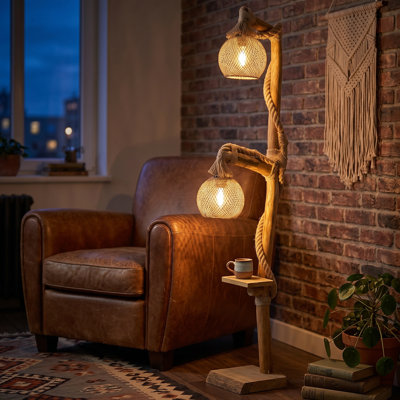 Rustic Retreat Solid Wood Floor Lamp with Integrated Display Shelf