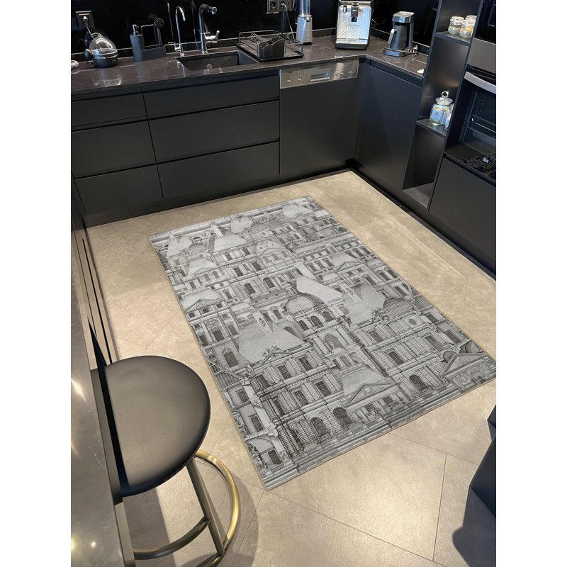 Tapis décoratif gris et beige à motif de ville antique, Rectangle 4 pi 11 po x 7 pi 6 po